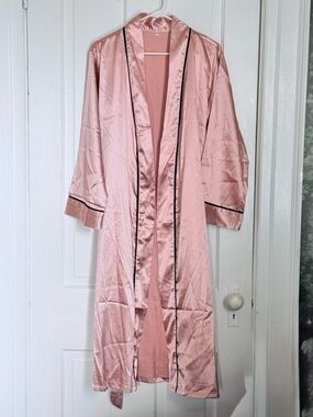New Silky Pink Satin Robe with Black Trim Medium